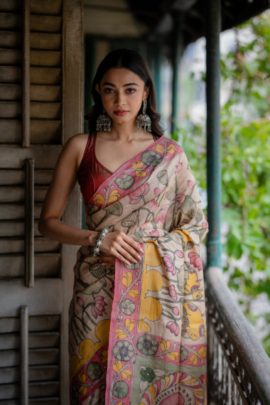 Beige Color Floral & Figure Motif Organic Dye Kalamkari Saree - BBS37